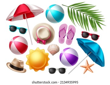 Summer beach elements vector set. Summer colorful objects collection for outdoor trip vacation isolated in white background design. Vector illustration. 
: stockvector
