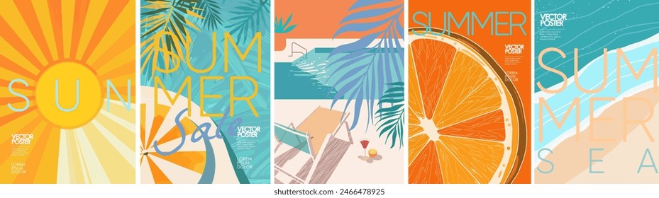 Summer, sun and sale. Vector minimalistic illustration of sun rays, swimming pool with sun lounger and umbrella and tropical palm leaf, orange and sea beach with sand for background, flyer, poster or : stockvector