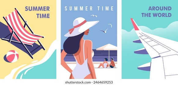 Summer time. Concept of summer party, vacation and travel. Perfect background on the theme of season vacation, weekend, beach. Vector illustration in minimalistic style for posters, cover art, flyer. स्टॉक वेक्टर