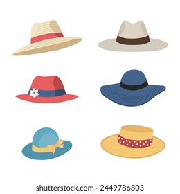 夏の女性の帽子セット。リボンを持つさまざまな色のビーチの女性のストローの広いつばの帽子のセット。白い背景にベクターイラストのベクター画像素材