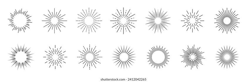 Sunburst set. Collection sunburst best quality. Firework explosion, logo, emblem, tag. Vector Illustration. Immagine vettoriale stock