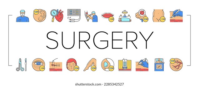 Surgery Medicine Clinic Operation Icons Set Vector. Lips And Facial Plastic Surgery, Liposuction And Implant Beauty Procedure Line. Health Treatment Preocessing Color Illustrations Arkistovektorikuva