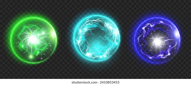 Powerful plasma spheres with electric discharge. Vector isolated energy balls with bolts and lightning in core. Magical realistic effect with blast and glowing, current of electricity inside Arkistovektorikuva