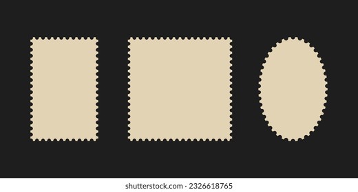 郵便切手の枠セット。はがきと文字の境界テンプレートが空です。穴の開いた縁に空白の長方形と正方形のビンテージ切手。黒い背景にベクターイラスト。のベクター画像素材