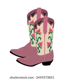 A pair of cowboy boots with flower ornament. Cowgirl boots drawn in a cartoon style, pink, white and brown colors. Hand drawn vector illustration isolated on white background. 库存矢量图