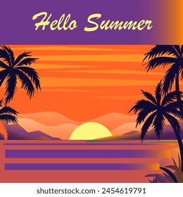海の夕日や海の日の出のパノラマ。水と空の地平線、太陽の反射のベクターイラスト。こんにちは、夏。 のベクター画像素材