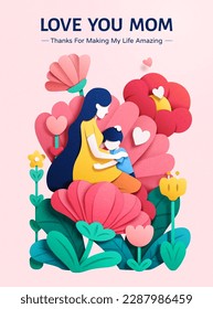 Paper art style illustrated lovely interaction of mom hugging son surrounded by floral decoration. Suitable for Mother's Day Stock Vector