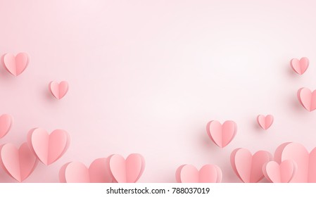 Paper elements in shape of heart flying on pink background. Vector symbols of love for Happy Women's, Mother's, Valentine's Day, birthday greeting card design. Stock Vector