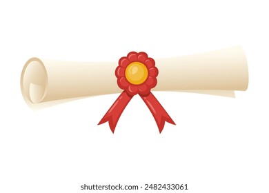 Un rollo de papel con un diploma de graduado, decorado con un sello de cera y una cinta roja. Certificado de ceremonia de graduación clásica. El papel enrollado, que recuerda a un documento antiguo. Vector de stock