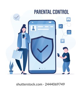 Parental control, banner concept. Parents have installed protection on child's mobile phone. Mother monitors use of smartphone by preschooler boy. Big cell phone with security app. Vector illustration 库存矢量图