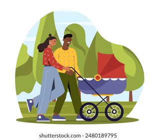 Parents with baby stroller. Father and mother walk in city park with toddler. Family spoending time together outdoors. Parenthood and childhood. Couple with baby. Cartoon flat vector illustration – Vector có sẵn