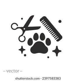 ペットのグルーミングアイコン、動物のグルーミングサロン、犬や猫の足、グルーマー用コーム付きはさみ、フラットシンボル – 編集可能なストロークベクターイラストのベクター画像素材