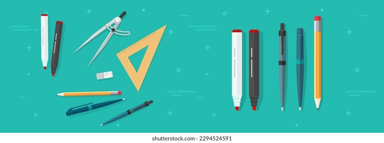 Pen pencil markers isolated vector set graphic flat illustration clipart image, education ruler compass divider study stuff or desktop table desk top view, school ballpoint stationery simple design Stockvektor