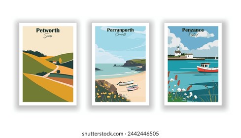 Penzance, England. Perranporth, Cornwall. Petworth, Sussex - Set of 3 Vintage Travel Posters. Vector illustration. High Quality Prints – Vector có sẵn