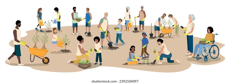 People of different ages and nationalities plant seedlings in the park. Work in the garden. Green Planet. Take care of the environment. Vector illustration on a white background. 库存矢量图