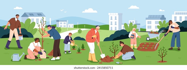 People planting trees in city park, garden, farm. Eco volunteers team, happy adults and kids work outside in nature together for ecology and environment conservation. Flat vector illustration: stockvector