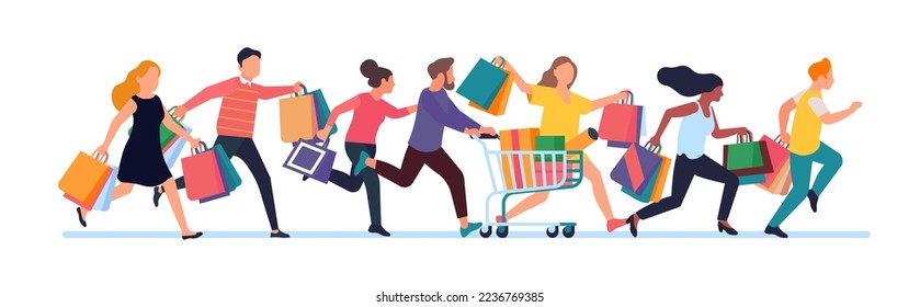 People are running around with bags and shopping carts. Hurrying men and women. Customers rushing to buy and purchase and gifts. Retail discount and offer. Shopaholic Immagine vettoriale stock