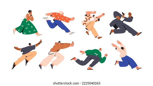 People running fast set. Happy active characters rushing forward, aspiring. Excited determined men, women hurrying on urgent businesses. Flat graphic vector illustrations isolated on white background Immagine vettoriale stock