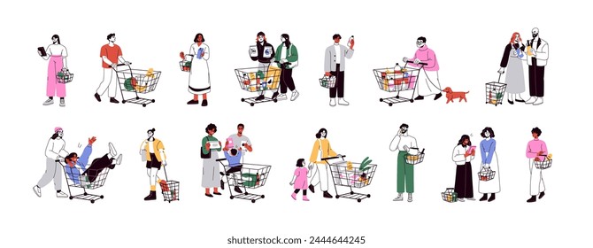 People with shopping carts set. Buyers, consumers with grocery trolleys and supermarket baskets walking. Customers with pushcarts. Flat graphic vector illustrations isolated on white background Immagine vettoriale stock