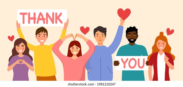 People show thank you and love message via hand gesturing and text sign in flat design.  Arkistovektorikuva