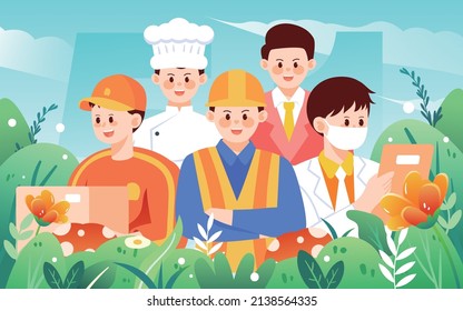 People of various professions gathered together with various plants in the background, vector illustration Stock Vector