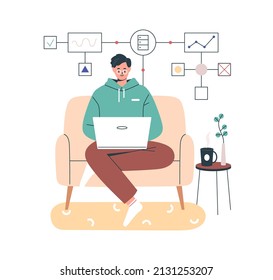 Person studying programming, engineering online at home. Student developing software at laptop computer at internet course. Programmer at work. Flat vector illustration isolated on white background Adlı Stok Vektör