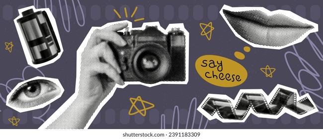 人物の手でビンテージカメラを持つ写真のコンセプトテンプレートデザイン35 mmフィルムの女性の目と笑顔の口レトログランジハーフトーンコラージュ要素セットpop art magazineスタイルのカットアウトオブジェクトのベクター画像素材