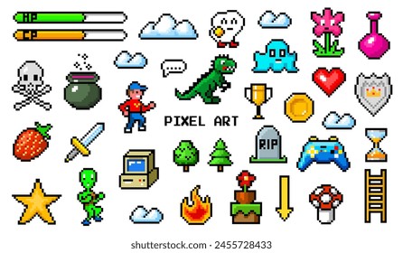 Pixel art 8 bit objects. Retro game assets. Set of icons. Vintage computer video arcades. Characters and coins, Winner's trophy. Vector illustration. Stock-vektor
