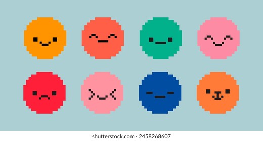 Conjunto de píxeles. Diversas caras de pixel art, felices y tristes. Cara pixelada estilo ácido de 8 bits. Vector. Vector de stock