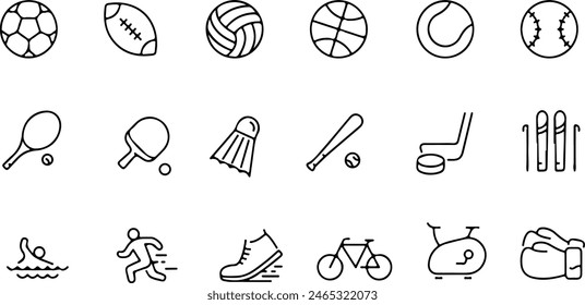Pixel perfect icon set of sports soccer football basketball volleyball golf gym skiing boxing tennis. Thin line icons flat vector illustrations isolated on white transparent background Stockvektor