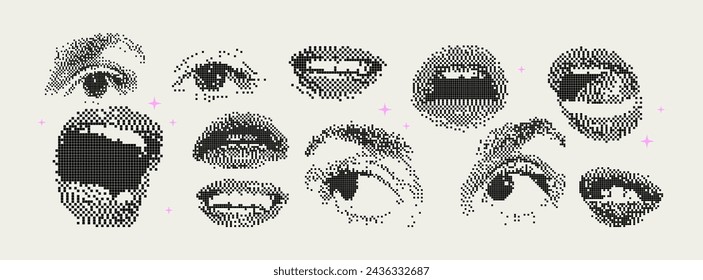 Pixel Y2K female eyes and mouths. Set of trendy different bitmap graphic elements. Retro futuristic clip art shapes for collage or retro design. 8 bit. Vector illustration. Immagine vettoriale stock