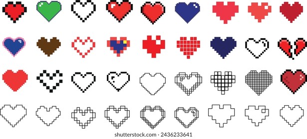 Pixelated Heartコレクション、ピクセルハートベクターアート、カラフル、愛のシンボル、ソリッド、テクスチャー、輪郭を描いた、中空、点線、点線、クラシック、コンテンポラリー、ウェブデザイン、アプリ、装飾。のベクター画像素材
