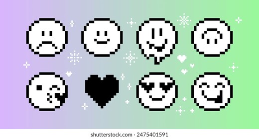 Pixels Y2k funny playful emoticon stickers. Love, kiss, melting smile. 8-bit retro style vector illustration for social media. Set of emoticons pixel art. Emoji pixelated icons. Various faces Immagine vettoriale stock