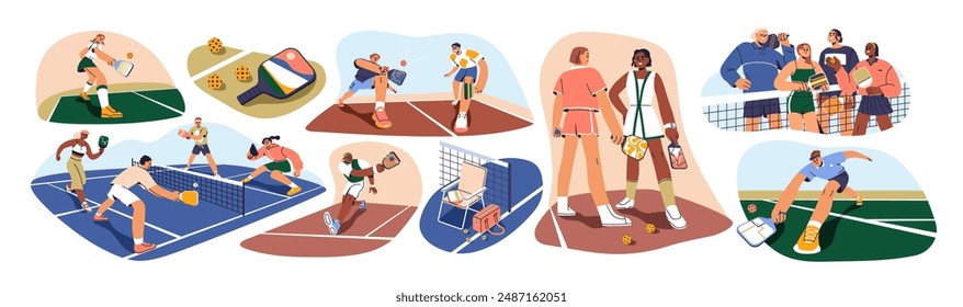 Pickleball game on court. Pickle ball players with rackets. Sports activity, match, training equipment. Playing, serving with paddles over net. Flat vector illustrations isolated on white background Stockvektor