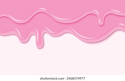 Pink liquid substance border isolated on white background. Vector realistic illustration of melting ice cream, 3d color paint splash, sweet icing drops flowing down dessert cake, nail polish texture Immagine vettoriale stock