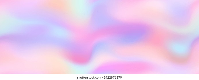 ピンクと黄色の近くのホロのシームレスなパターン。真珠光沢のあるパステルバッグに抽象的な波。穏やかなユニコーンファンタジーの色調を特徴とするホイルパールホログラフィック壁紙