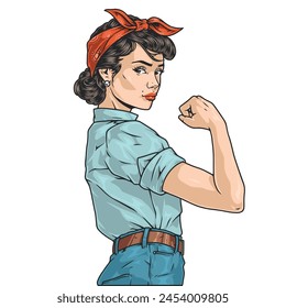 Pin-up chica colorido elemento vintage con fuerte mujer feminista con banda de pelo rojo que muestra su Ilustración vectorial de bíceps Vector de stock