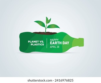 Planet vs. Plastics , Earth day 2024 concept vector tree background. A bottle of water with a green forest inside, the idea is to recycle old plastic bottles, think green.: stockvector
