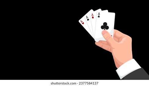 Playing poker card in man hand. Four of a kind. Clubs, hearts, wines, diamonds ace. Gambling in royal casino, lucky entertainment, play blackjack game. Dark background. Vector illustration เวกเตอร์สต็อก