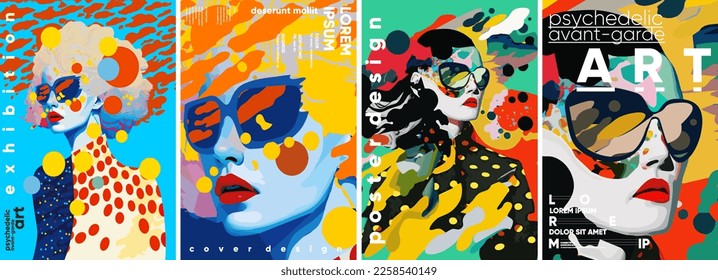 Psychedelic, avant-garde art. Set of vector illustrations. Colorful painting with strokes of paint splashes. Bright background for a poster, media banner, t-shirt print. Stock-vektor
