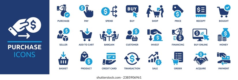 Purchase icon set. Containing buy, pay, order, shop, price, payment, product, spend, receipt and more. Solid vector icons collection. 库存矢量图