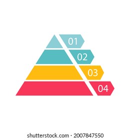 Pyramid infographic template with four colorful levels. Triangle data segments. Colour layout with 4 charts for banner, presentation and report. Vector business illustration isolated on white. Immagine vettoriale stock