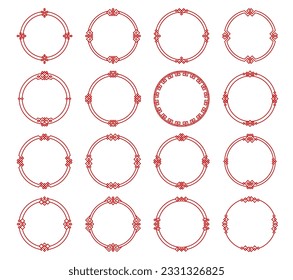 Round red asian frames and borders. Japanese, korean and chinese circle frames. Vector line borders of oriental pattern, traditional knot ornament and geometric motif with square decorations: stockvector