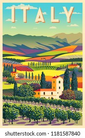 Romantic rural landscape in sunny day in Italy with vineyards, farms, meadows, fields and trees in the background. Handmade drawing vector illustration. Flat design. Poster in the Art Deco style. Stock Vector