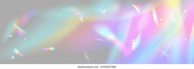 レインボーライトフレア効果。ホログラフィック結晶屈折のベクターリアルなイラスト、背景オーバーレイ、虹色の日光漏れ、レンズグレア、水またはフィルム表面の抽象的ビーム反射のベクター画像素材