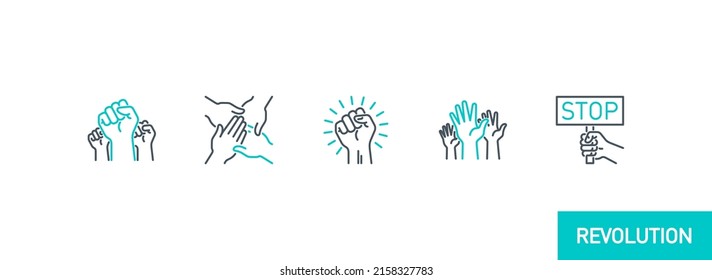 raised up fist in protest no war single line icons set isolated on white. Perfect outline symbol raised up fist revolution riot. freedom power design with editable Stroke. People rights line icons set – Vector có sẵn