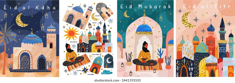 Ramadan Kareem. Eid Mubarak. Eid al Adha. Eid al Fitr. Vector illustration of mosque, muslim hijab, traditional lantern, city, street, crescent for greeting card, poster or background स्टॉक वेक्टर
