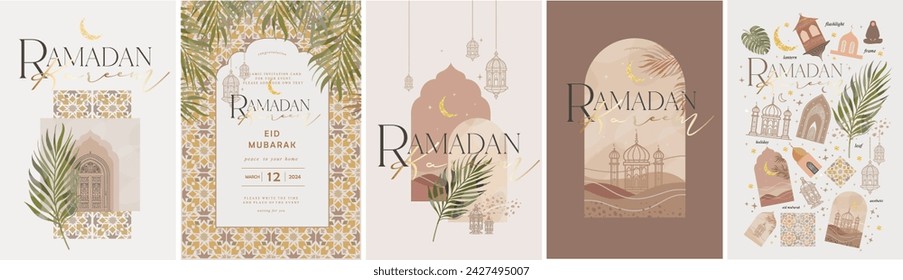 Ramadan Kareem. Eid Mubarak. Vector aesthetic illustration of crescent moon, mosque, lantern, window, frame, background, ornament, tropical leaf for greeting card, invitation or poster in beige muted  Vektor Stok