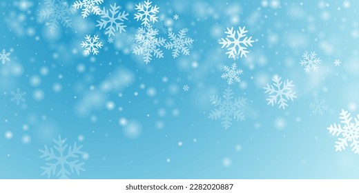 Random falling snow flakes wallpaper. Snowfall dust freeze granules. Snowfall sky white teal blue background. Many snowflakes february vector. Snow nature scenery. Stock Vector