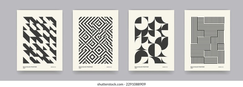 Стоковое векторное изображение: Retro black and white geometric pattern background, vector abstract circle, triangle and square lines art. Trendy bauhaus pattern backgrounds op-art set